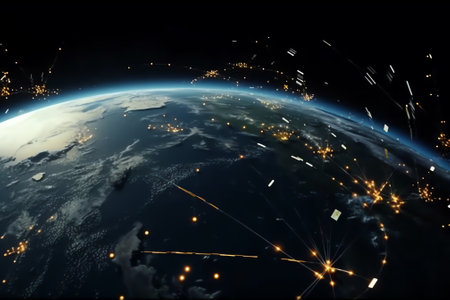 Generative AI : Silhouette view of a fleet of Internet starlink satellites in orbit above earth A line of satellites providing internet connection from space with the sun in the hoの素材