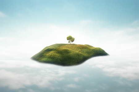 Generative AI : Amazing green field island floating in the air isolated with white backgroundの素材
