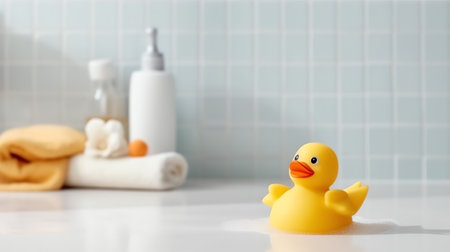 Generative AI : Baby yellow bathroom rubber duck on a white podium copy space bottom view of a podium with a duck on a background of blue sky and soap bubblesの素材
