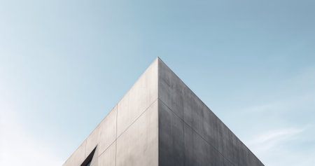 Generative AI : Architectural photography Geometric composition with two large and strong cement blocks building against the blue sky with white clouds Modern structures architectuの素材