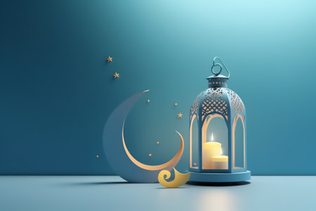 Generative AI : Ramadan Kareem background banner Islamic Greeting Cards for Muslim Holidays and Ramadan Blue banner with moon and lanternの素材