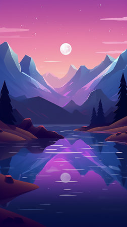 Generative AI : Night landscape in the mountains with rocky mountain ranges and night sky with stars view from the cliff to the lake at nightの素材