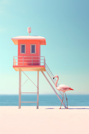 Generative AI : california or sea gull on light wooden post with telephone wire over red or orange roof tiles on gable style building Midday afternoon sun with blue clear copy spacの素材