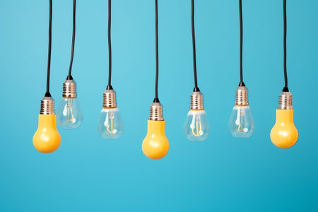 Generative AI : Many lightbulbs hanging on cable as garland decorative in festival isolated on dark night sky background beautiful design of light stringの素材