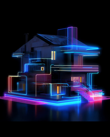 Generative AI : Modern villa with colored led lights at night Nobody insideの素材