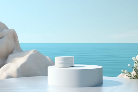 Generative AI : Surreal podium outdoor on blue sky soft white clouds with spaceBeauty cosmetic product placement pedestal present stand minimal displaysummer paradise dreamy concepの素材