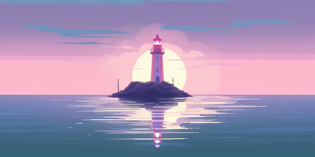 Generative AI : Lighthouse guiding ships at duskの素材