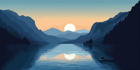 Generative AI : lake among mountain landscape in spring at night beautiful countryside scenery with forest on the shore in full moon light clouds on the skyの素材