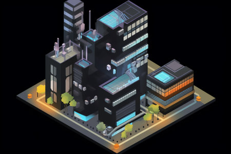 Generative AI : many building in the night city landscape showing office and recident towers isolated on whiteの素材