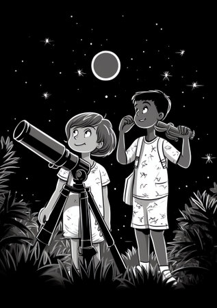 Generative AI : Boy observes moon and stars with binoculars Night starry skyの素材