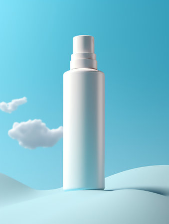 Generative AI : Transparent serum on white podium against cloudy blue sky Concept of lightness of cosmeticsの素材