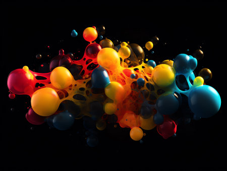 Generative AI : Multiple abstract soap bubbles on a black backgroundの素材