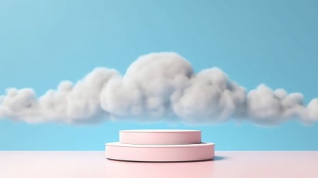 Generative AI : Surreal cloud podium outdoor on blue sky pink pastel soft fluffy clouds with empty spaceBeauty cosmetic product placement pedestal present promotion minimal displayの素材
