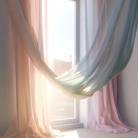 Generative AI : sunlight through curtain with twilight sunset sky view outside the windowの素材