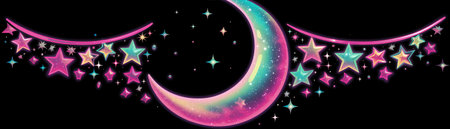 Generative AI : Crescent moon and Stars on colorful Dusk sky with beautiful Twilight in Evening timeの素材