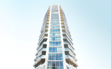 Generative AI : Lonely Glass and Metal Skyscraper Building with Clear Sky backgroundの素材