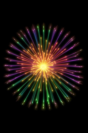Generative AI : Colorful celebration fireworks isolated on a black sky backgroundの素材