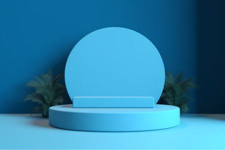Generative AI : 3d render abstract background blue with blue sky inside the window on the blue wall with vacant podium Blank showcase mockup with empty round stageの素材