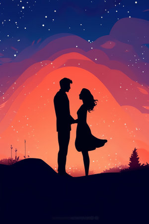 Generative AI : Milky Way with silhouette of people Landscape with night starry sky Standing man and woman on the mountain with yellow light Hugging couple against purple milky wayの素材