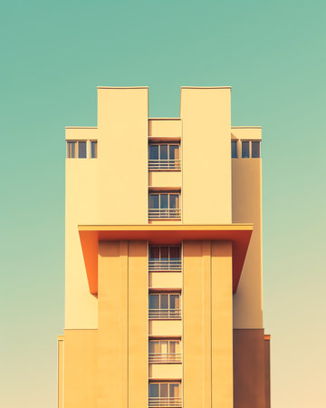 Generative AI : Minimal geometric architecture background of modern beige building against blue sky in low angle and perspective side viewの素材