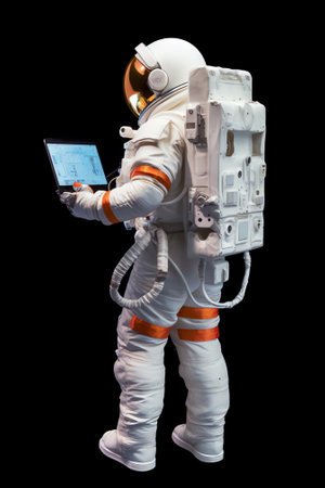 Generative AI : Plastic toy figure astronaut with mobile phone white screen for your advertisement Copy space Concept of out of earth travel private spaceman commercial flights misの素材