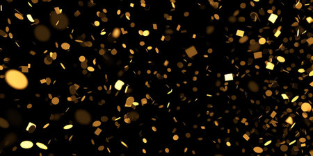Generative AI : Gold glitter falling sparkle background on blackの素材
