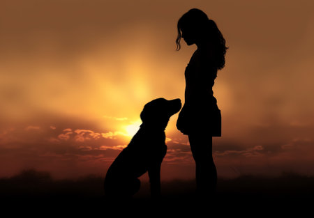 Generative AI : Safe evening or night walk with pet concept Silhouette of dog on leash wearing LEDlight collar against beautiful sunset skyの素材