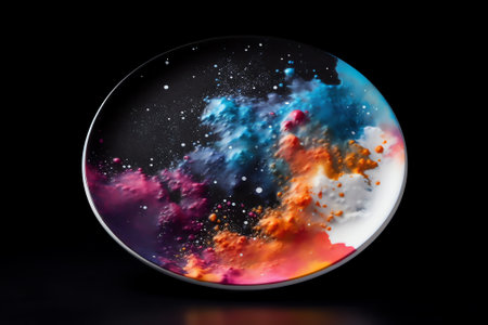 Generative AI : Macro universe platnets and stars in it multicolored paints Universe in a plateの素材