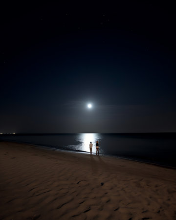 Generative AI : Sandy beach and moon at nightの素材