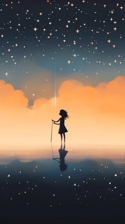 Generative AI : Milky Way Silhouette of a standing woman practicing yoga on the mountain near the pond with sky reflection in water Landscape with meditating girl on the hill Nightの素材