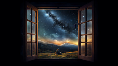 Generative AI : Open window with a view of the starry skyの素材