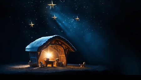 Generative AI : The star shines over the manger of christmas of Jesus Christの素材