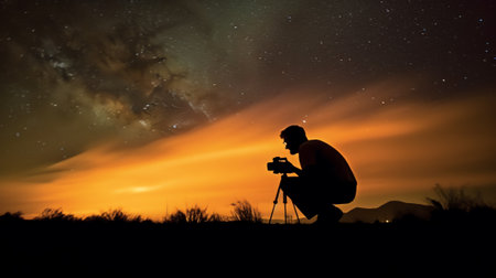Generative AI : silhouette of photographer shooting night starsの素材