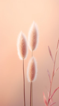 Generative AI : Soft gently wind grass flowers in aesthetic nature of early morning misty sky background Quiet and calm image in minimal zen mood Spring nature in pastel toneの素材
