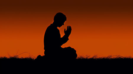 Generative AI : Silhouette of girl praying on the hillの素材