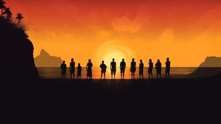 Generative AI : Silhouette of people watching the sun rising at the coastの素材