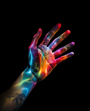 Generative AI : Double exposure of black painted hand combined with overlay texture of colorful space sky image full of stars Conceptual abstract spiritual Isolated on grayの素材