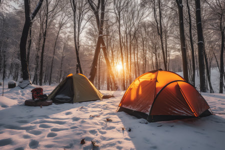 Generative AI : Camping with Blue Tent During Winter on Snow in Switzerlandの素材