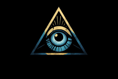 Generative AI : Gold All Seeing Eye or Radiant Delta isolated on black background Masonic symbol Great Architect of the Universe Goldeneye inscribed in a triangle with rays aroundの素材