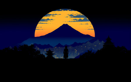 Generative AI : Misty morning light in volcano island mountain landscape National park Golden color sunrise moment Beauty nature view with blue sky Top peak mountain in silhouetteの素材