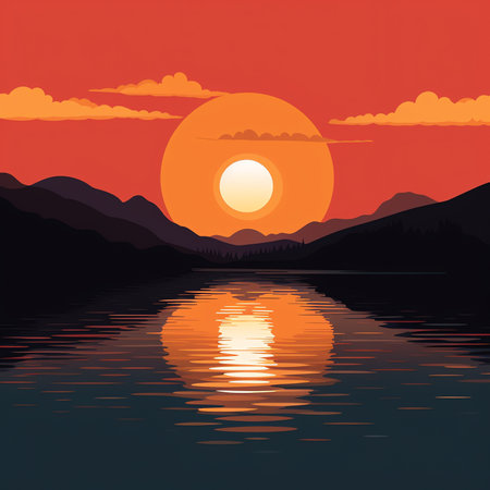 Generative AI : sunset over the lakeの素材