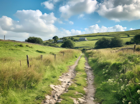 Generative AI : The road cut through the meadow in the half moon beautifullyの素材