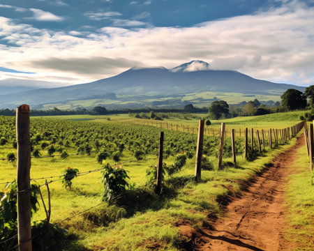 Generative AI : Coffee plantation in Brazil with a skyline with mountains in the backgroundの素材