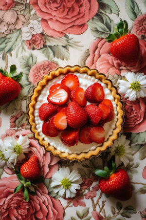 Generative AI : Delicious homemade tart with strawberries cream cheese or whipped cream jelly and pistachios Berry cheesecake Dessert Pie Cake Marble background Top view copy spaceの素材