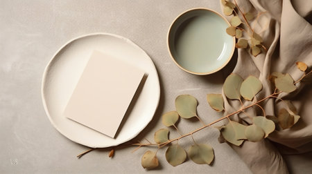 Generative AI : Empty wooden plate and napkin on marble tableの素材