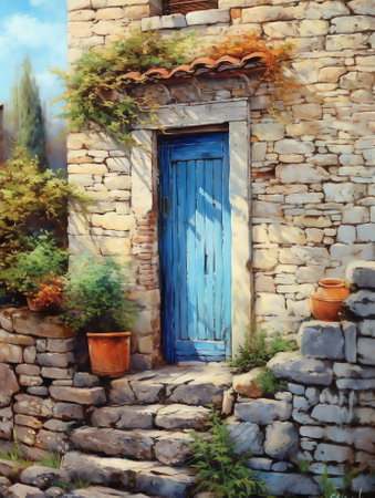 Generative AI : House with brown shutters and door in Antalya Side VillageSeective Focus Stone Wall and ivy flowerの素材