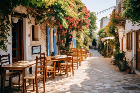 Generative AI : Picturesque narrow street with traditional whitewashed houses with cafe tables of Naousa town in famous tourist attraction Paros island Greeceの素材