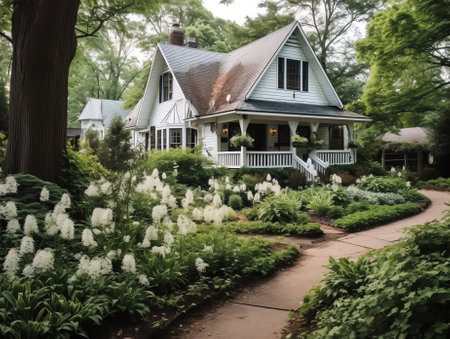 Generative AI : Small white house and garden viewの素材