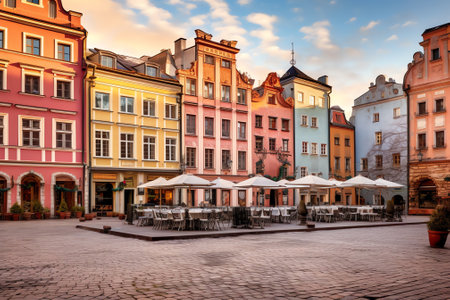 Generative AI : Main square of the old town of Poznan Poland on a summer day eveningの素材