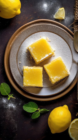 Generative AI : Moist lemon pound cake on parchment on rustic wooden background with slices of lemon and cup of tea on plate Delicious breakfast traditional tea time treat Reciepeの素材